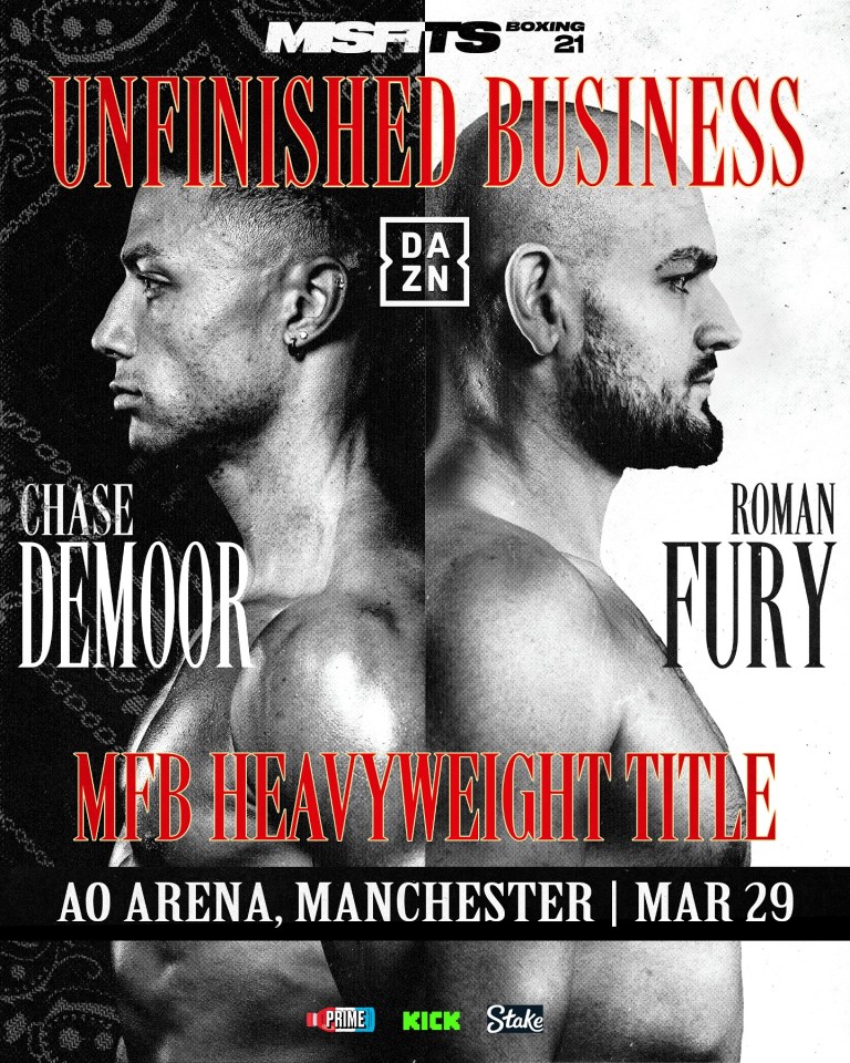 Poster for the Misfits Boxing Heavyweight title fight between Chase DeMoor and Roman Fury.