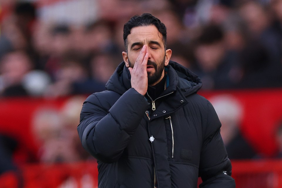 Ruben Amorim, manager of Manchester United, reacting during a match.