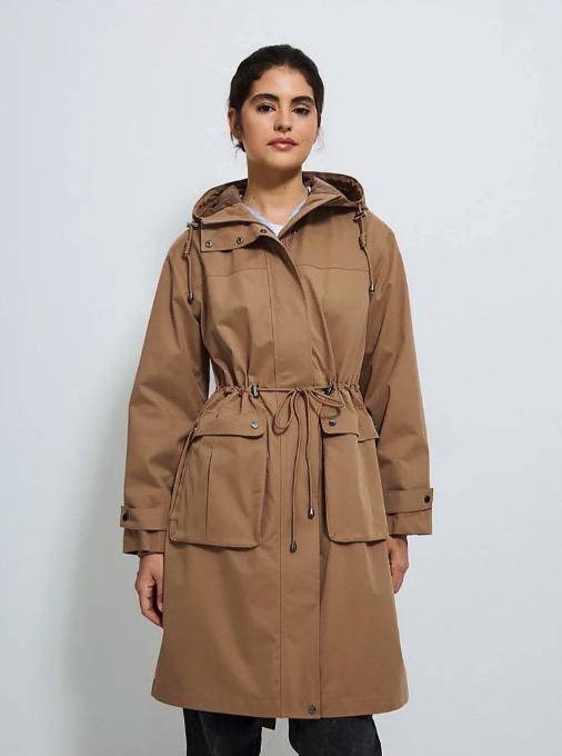 Camel-colored waterproof longline coat.