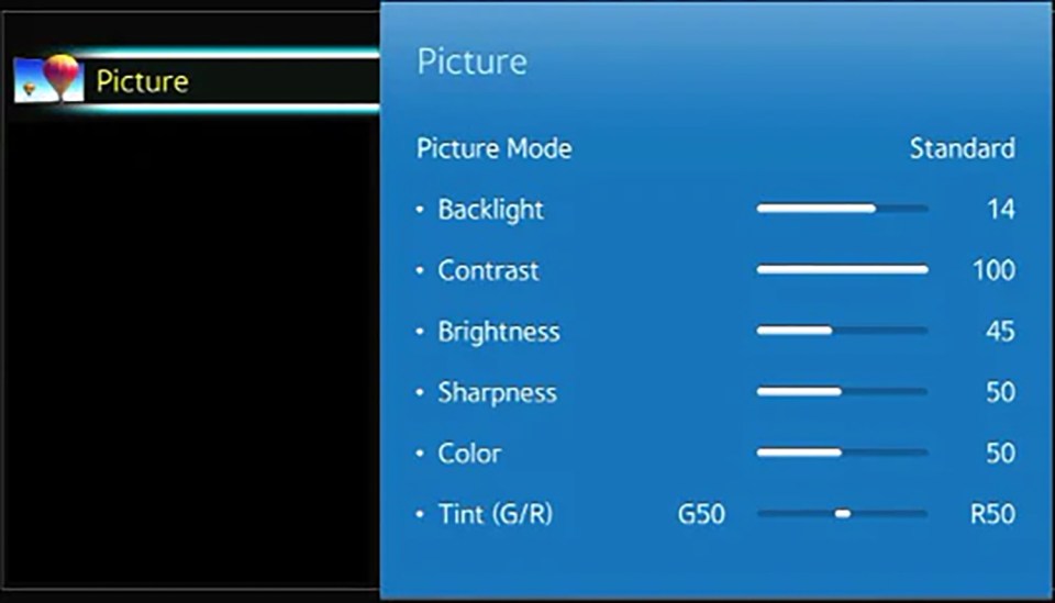 Samsung TV picture settings menu showing backlight, contrast, brightness, sharpness, color, and tint adjustments.