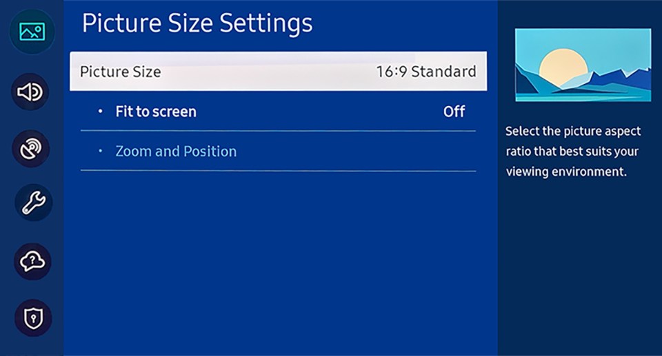 Samsung TV picture size settings menu with options to fit to screen and adjust zoom and position.