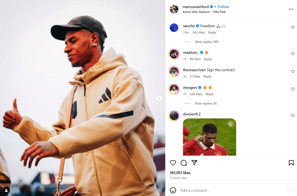 Instagram post showing Sancho Rashford giving a thumbs up.