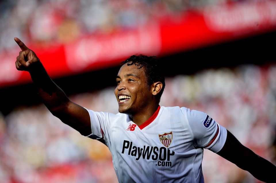 Luis Muriel of Sevilla celebrating a goal.