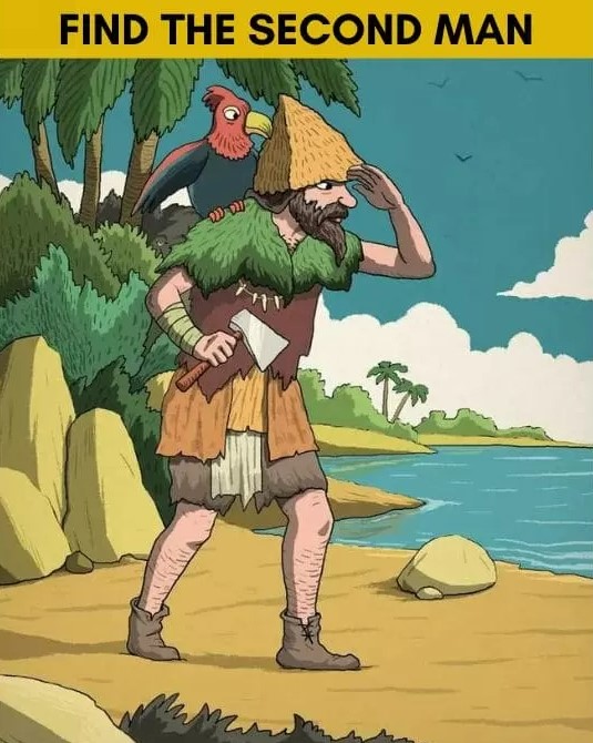 Illustration of a man on a beach with a bird on his shoulder; find the second man.