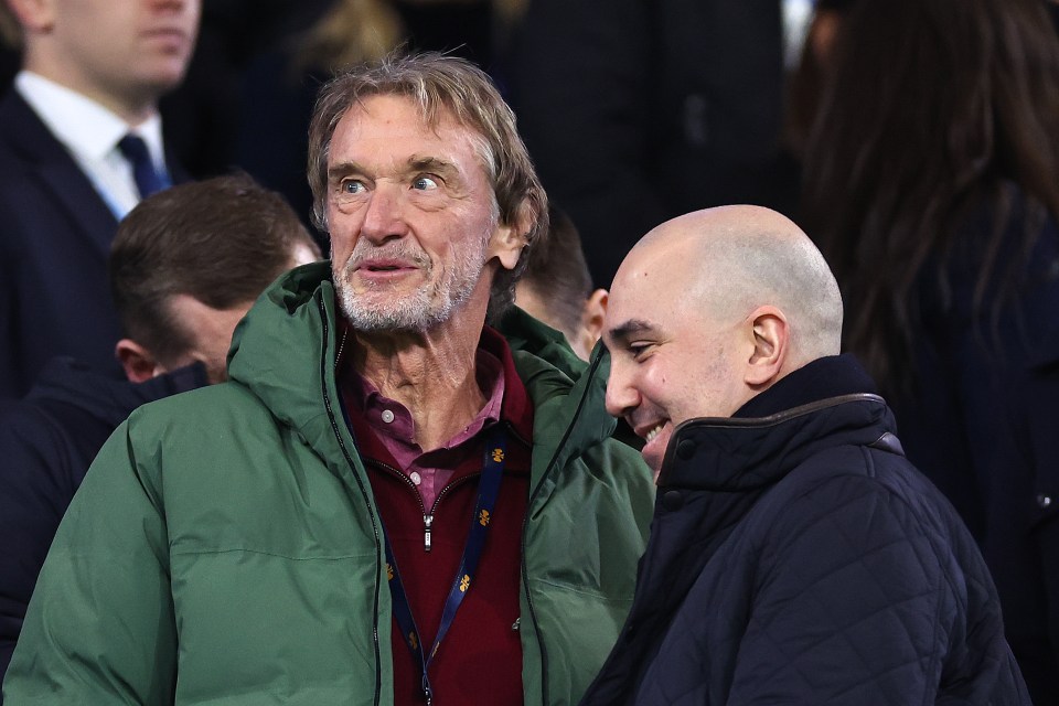 Sir Jim Ratcliffe and Manchester United CEO Omar Berrada at a soccer match.