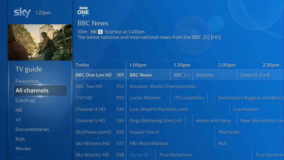 Sky TV guide showing BBC News and other channels.