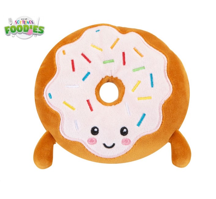 Plush donut toy with sprinkles and a smiling face.