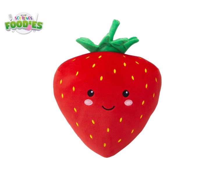 Smiling strawberry plush toy.