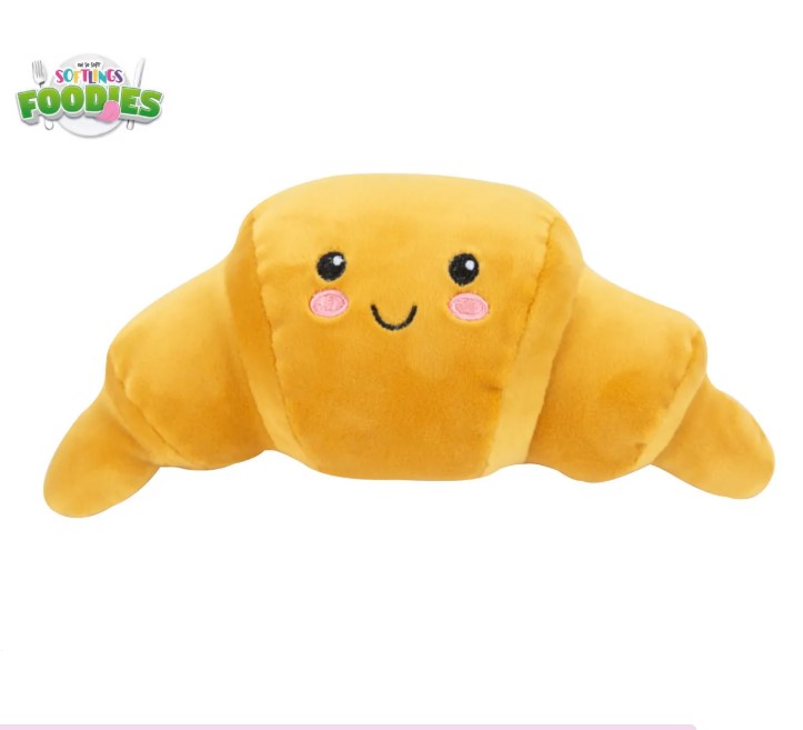 Smiling croissant plush toy.