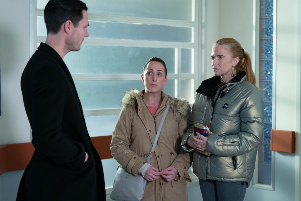 Scene from EastEnders showing Zack Hudson, Sonia Fowler, and Bianca Jackson in conversation.