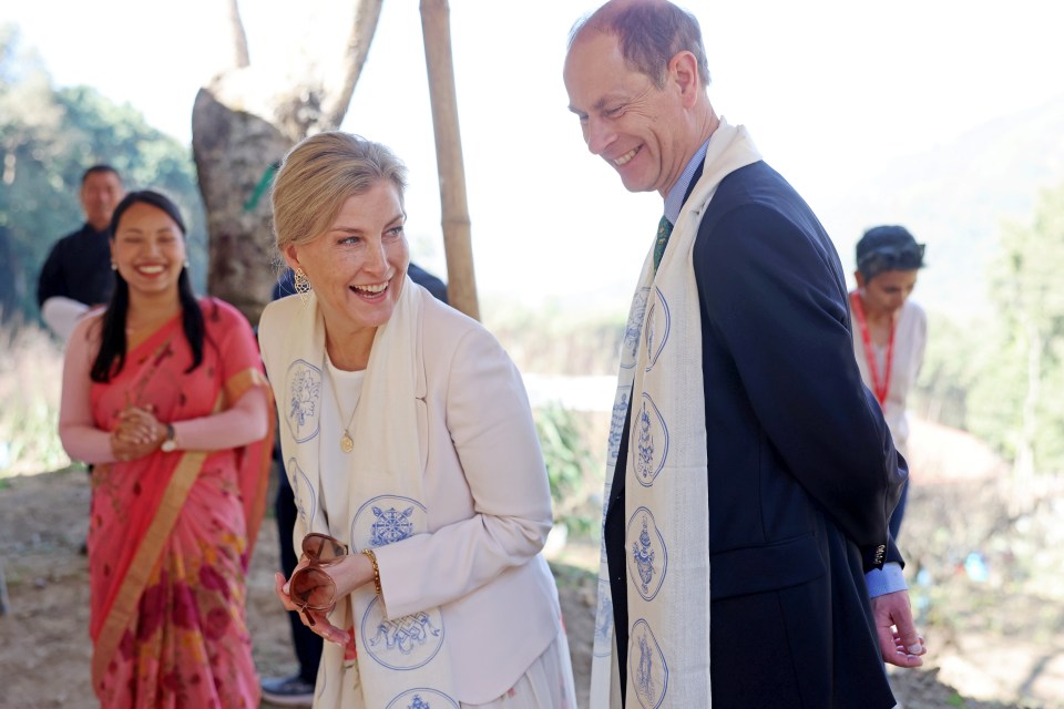 Sophie, Duchess of Edinburgh and Prince Edward, Duke of Edinburgh, smiling during an official visit to Nepal.