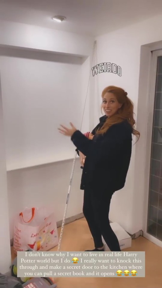 Stacey Solomon discovering a hidden door in her home.