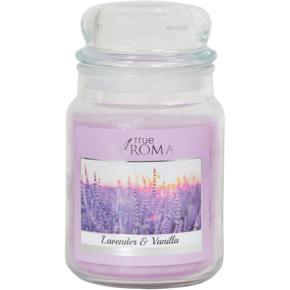 Lavender & Vanilla luxury scented candle in a glass jar.