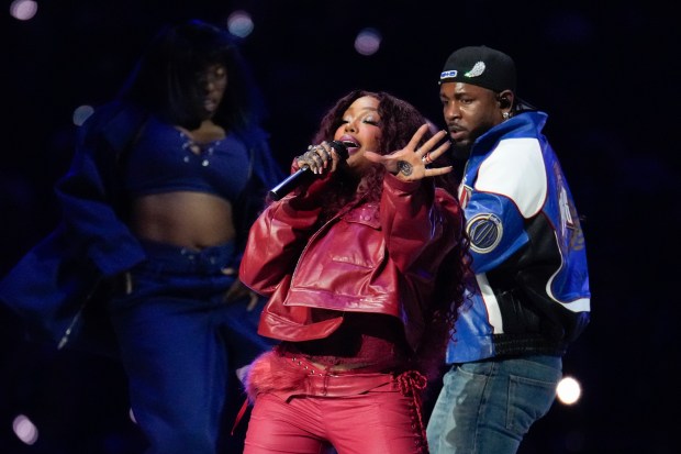 SZA and Kendrick Lamar performing at the Super Bowl LIX halftime show.