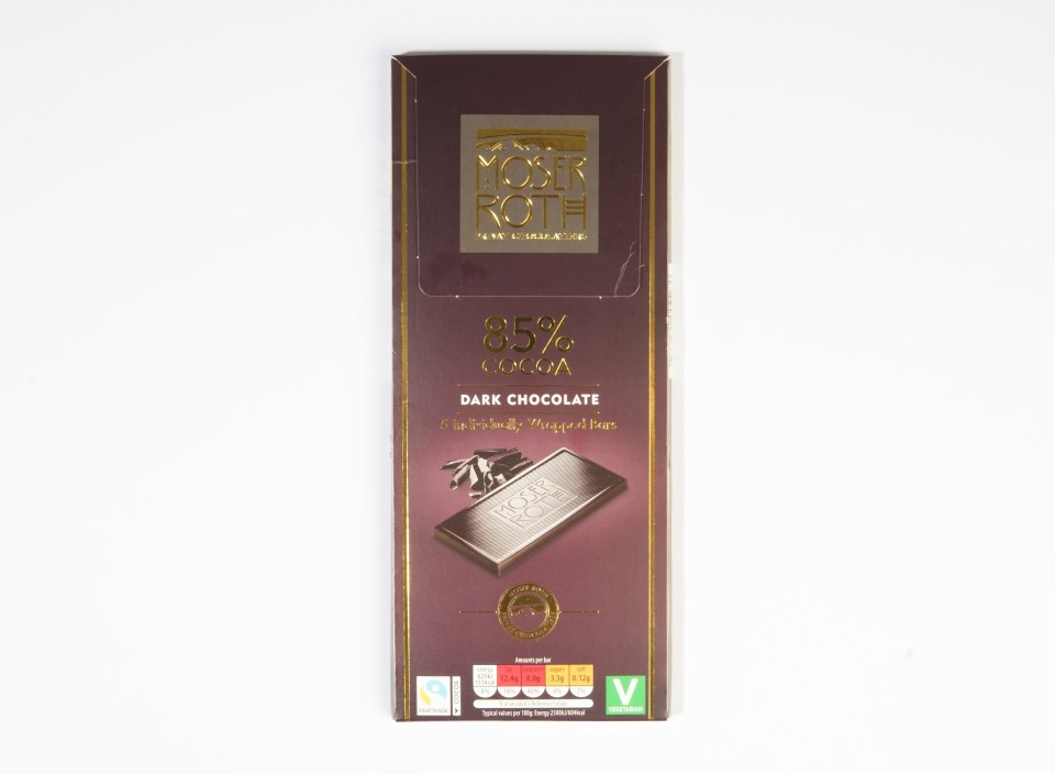 Moser Roth 85% cocoa dark chocolate bar packaging.