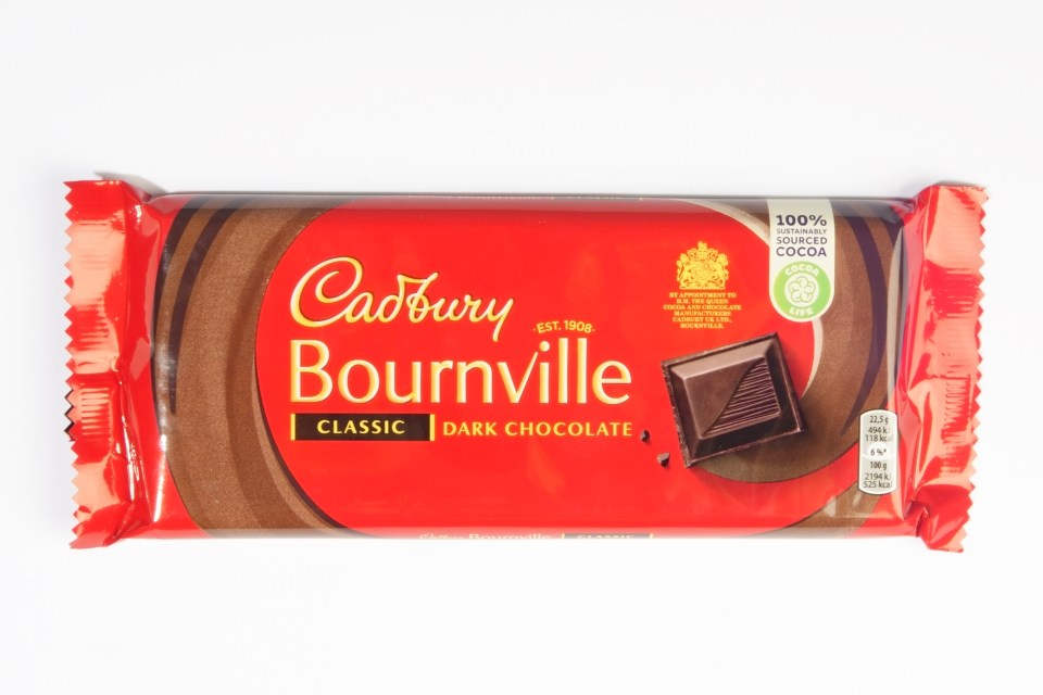 Cadbury Bournville Classic Dark Chocolate bar.