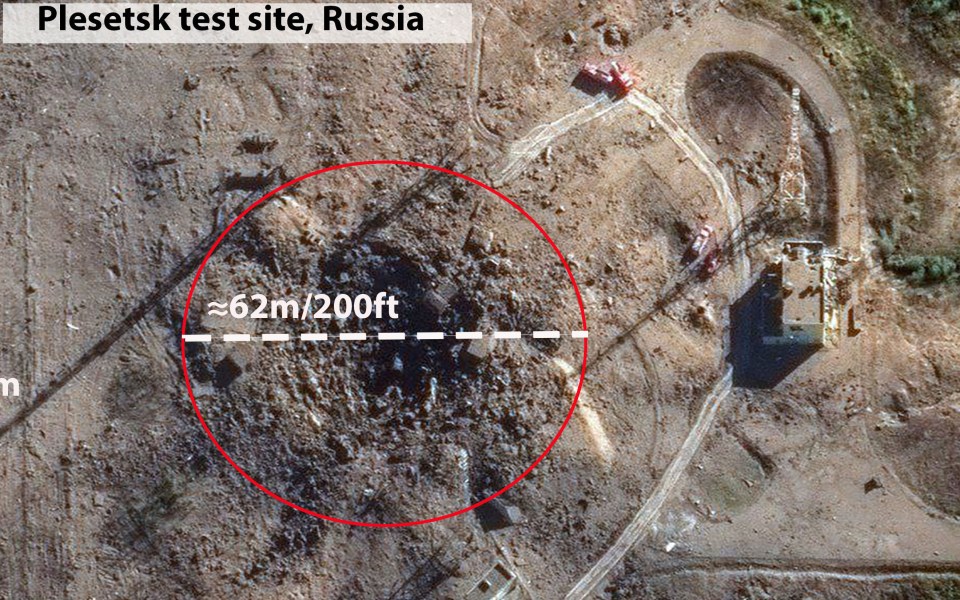 Aerial view of a 62m diameter explosion crater at the Plesetsk test site in Russia, following a Sarmat missile maintenance incident.