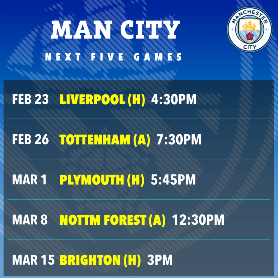 Man City's next five games schedule.