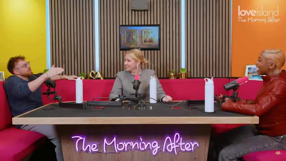 Three people on Love Island's The Morning After podcast.