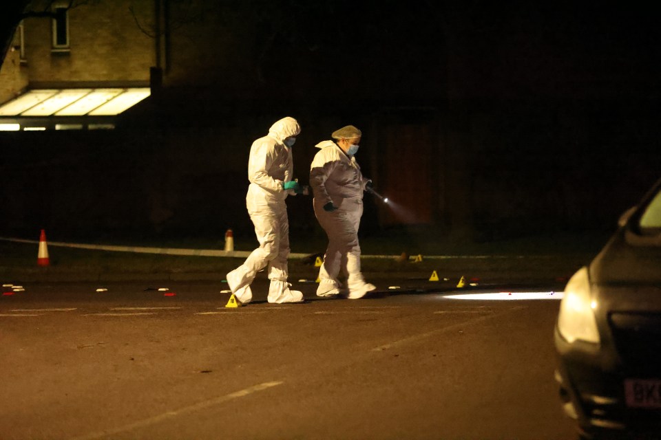 Forensic investigators at a nighttime crime scene.