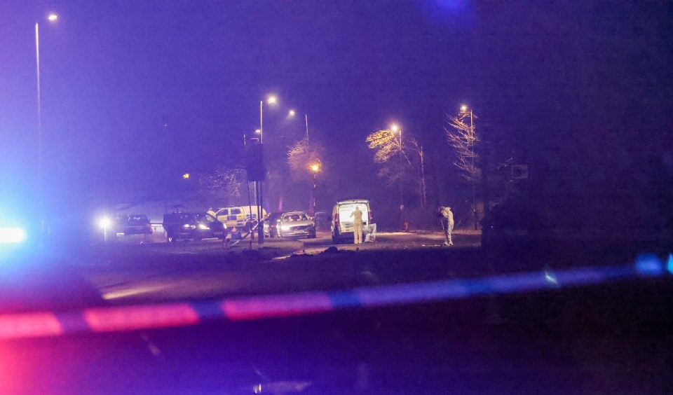 Nighttime photo of a fatal accident scene with police and emergency vehicles.