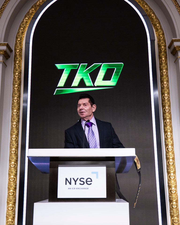 Vince McMahon speaking at a TKO event at the New York Stock Exchange.