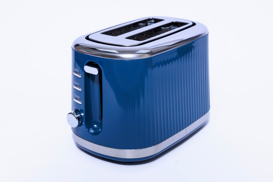 Blue two-slice toaster.