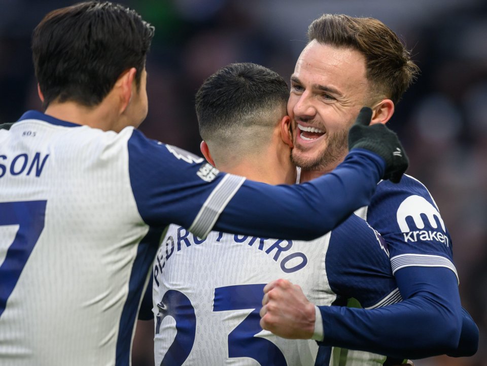 James Maddison celebrates a goal with Tottenham Hotspur teammates.