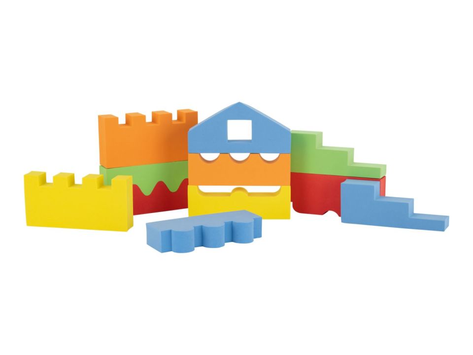 Colorful foam blocks arranged as a castle.