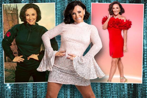 Collage of Shirley Ballas in three different outfits.