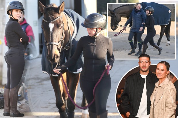 Collage of Molly Mae Hague with a horse and her partner.