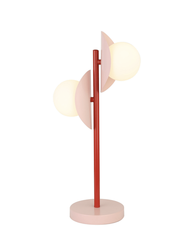 Red and pink table lamp with two globe lights.