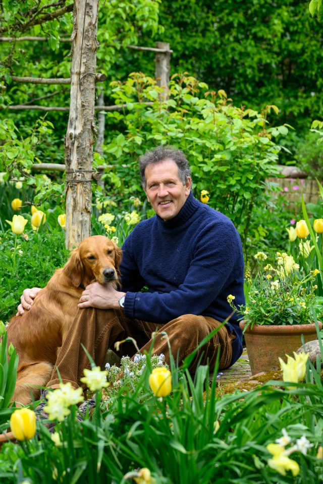 Monty Don sitting on a bench in a garden with his dog.