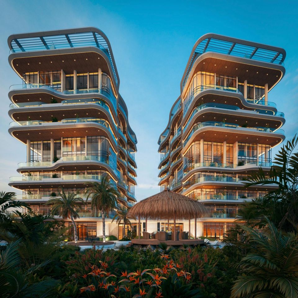 Illustration of two modern, curved buildings with balconies, lit at night, and a tropical courtyard with a gazebo.