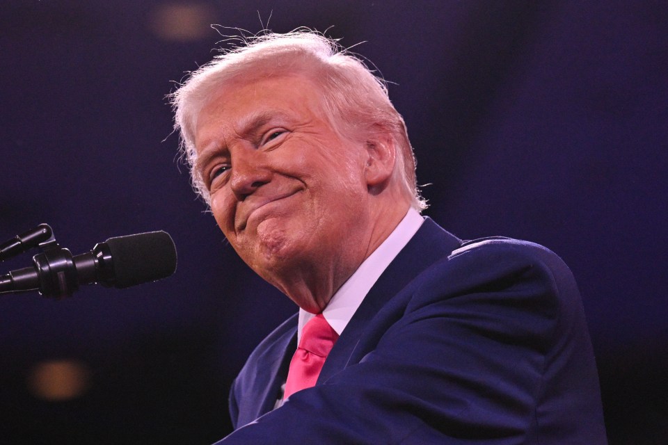 Donald Trump smiling at a microphone.