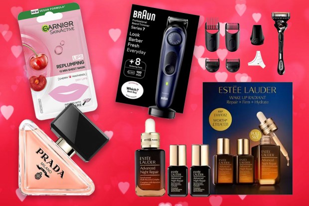 Collage of Valentine's Day gifts including beauty products and a beard trimmer.