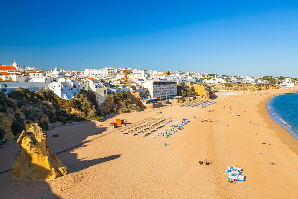 Aerial view of Albufeira beach in the Algarve region of Portugal.