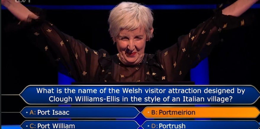 Screenshot of a contestant on Who Wants To Be A Millionaire answering a question about a Welsh visitor attraction.