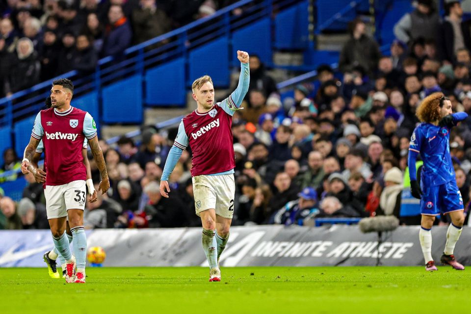 Jarrod Bowen of West Ham United celebrates scoring a goal.