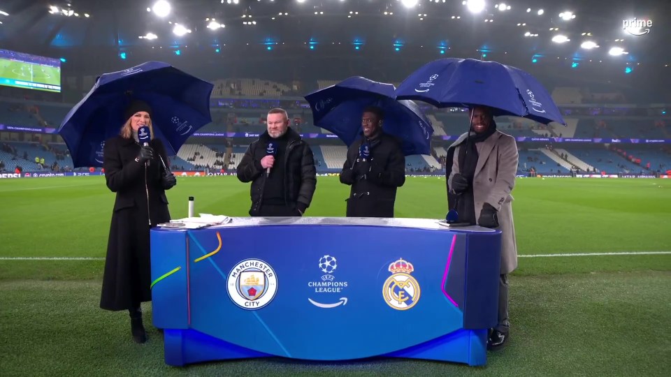 Amazon Prime Video Champions League match commentary team at a stadium.