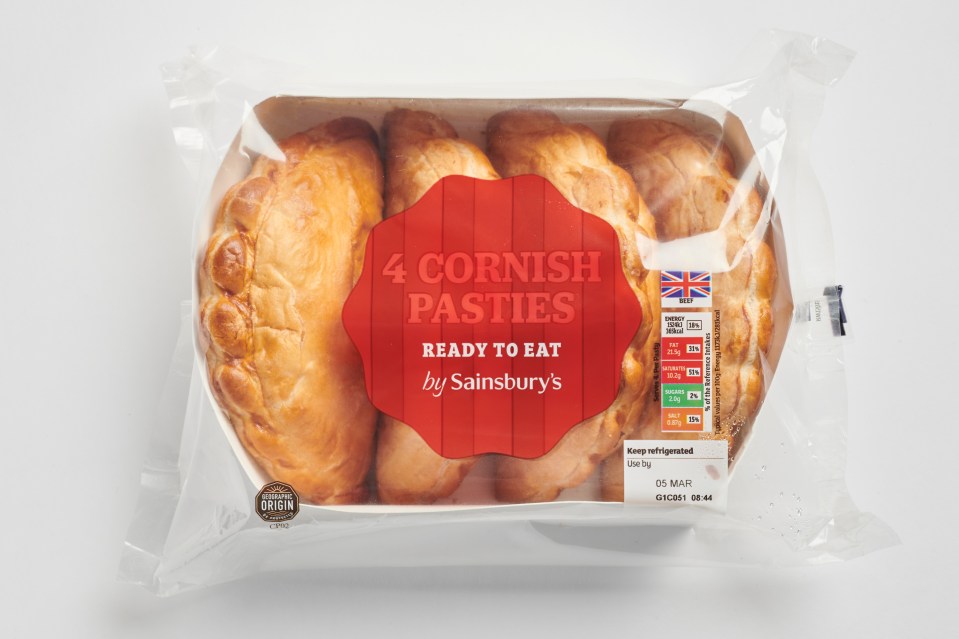 Package of four Sainsbury's Cornish pasties.