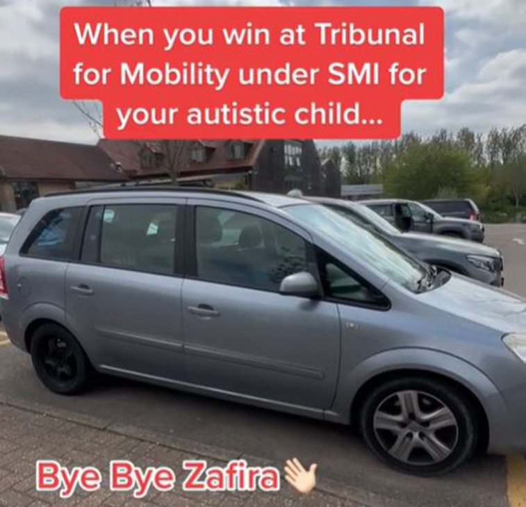 TikTok video showing a new car after winning a mobility tribunal.