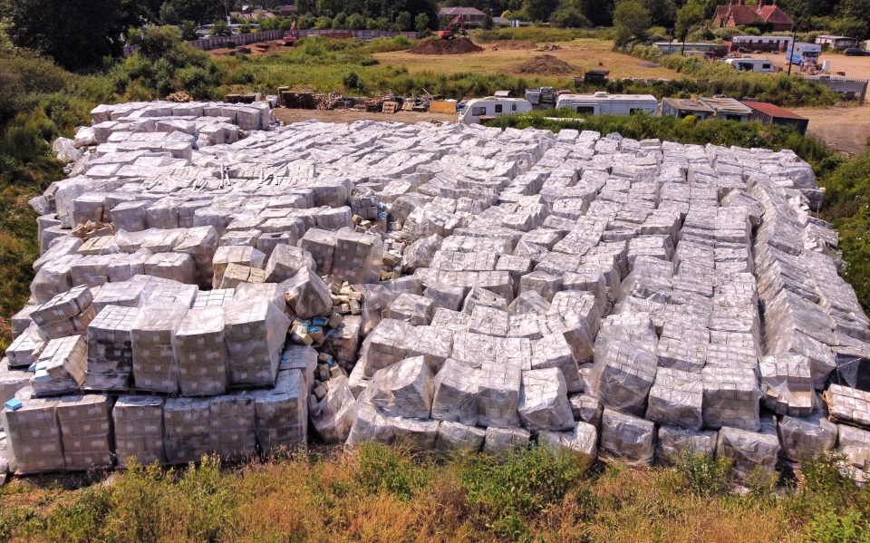 Aerial view of a large pile of discarded PPE in Totton, Hampshire.