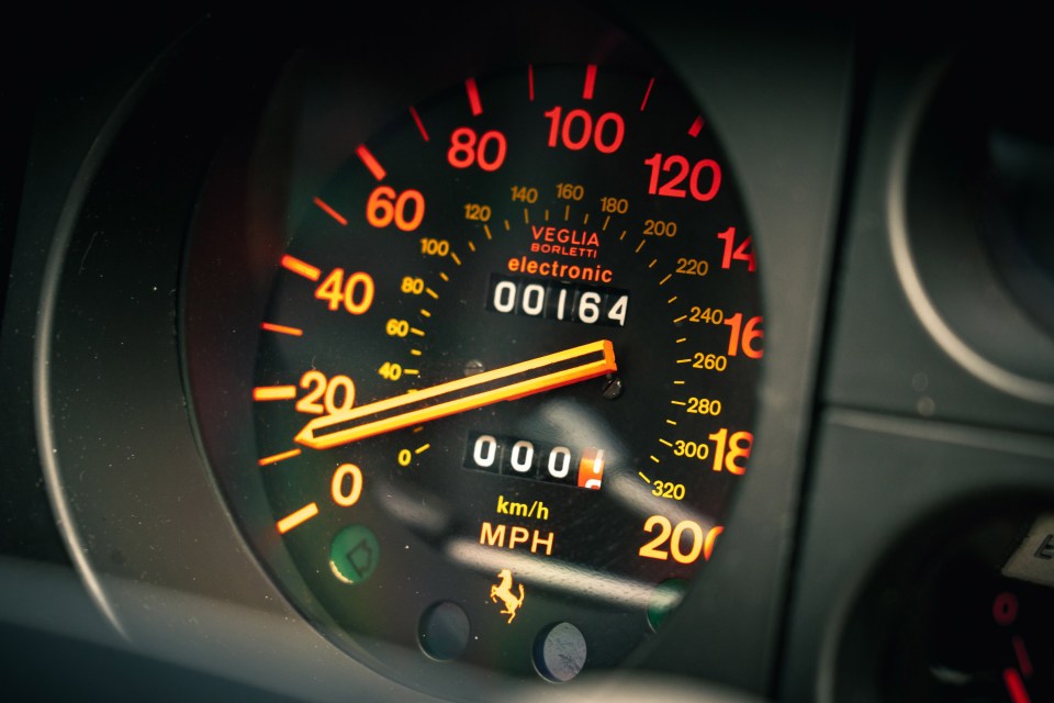 Close-up of a 1977 Ferrari 512 BB speedometer showing 6,000 miles.