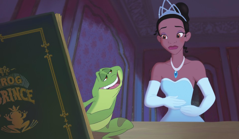 Illustration of Princess Tiana and Frog Naveen from The Princess and the Frog.