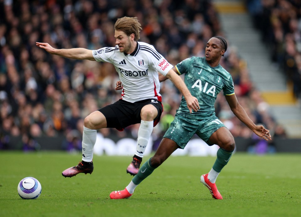 Fulham's Joachim Andersen in action during a soccer match.