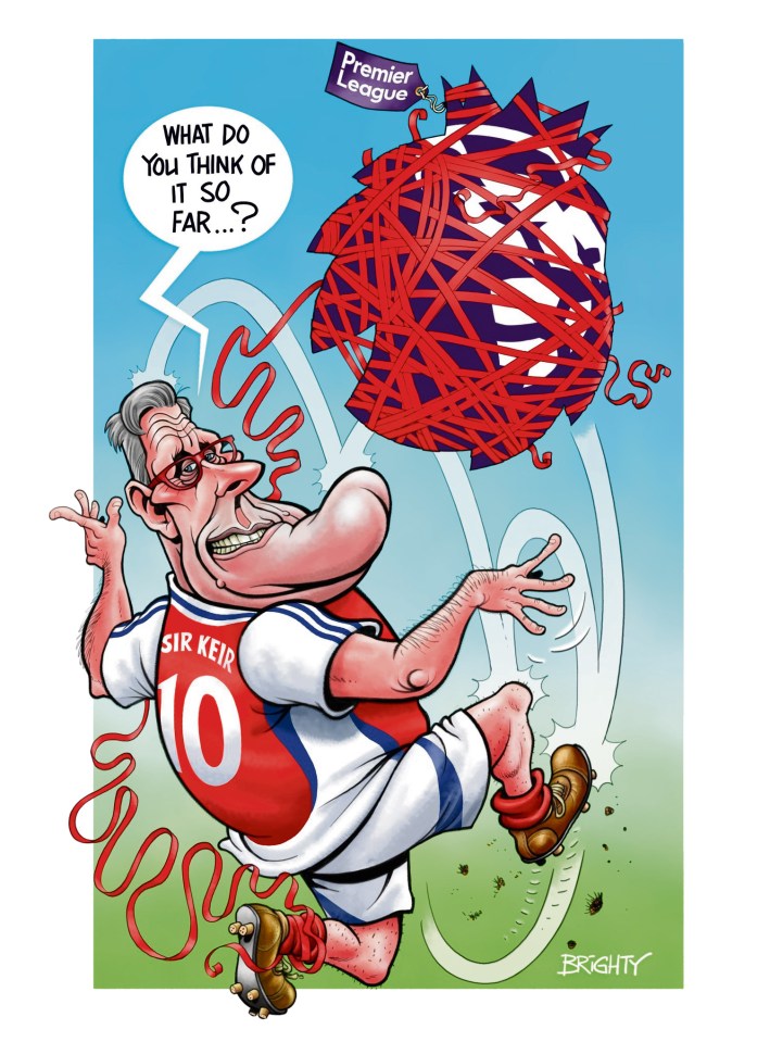 Illustration of Sir Keir Starmer as a soccer player tangled in red tape.