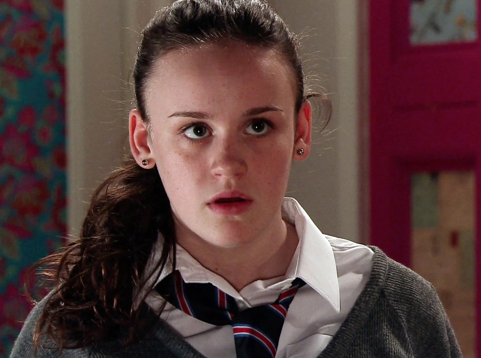 Screenshot from Coronation Street showing Faye Windass discovering she is pregnant.