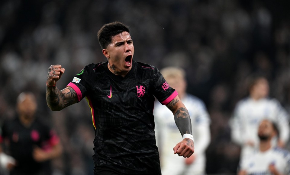 COPENHAGEN, DENMARK - MARCH 06: Enzo Fernandez of Chelsea celebrates scoring his team's second goal during the UEFA Conference League 2024/25 Round of 16 First Leg match between F.C. Copenhagen and Chelsea FC at Parken Stadium on March 06, 2025 in Copenhagen, Denmark. (Photo by Darren Walsh/Chelsea FC via Getty Images)