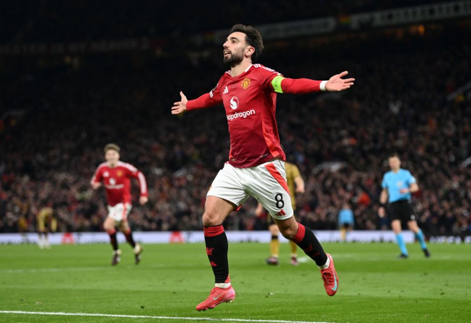 MANCHESTER, ENGLAND - MARCH 13: Bruno Fernandes of Manchester United celebrates scoring his team's third goal and competing his hat-trick during the UEFA Europa League 2024/25 Round of 16 Second Leg match between Manchester United and Real Sociedad de Futbol at Old Trafford on March 13, 2025 in Manchester, England. (Photo by Gareth Copley/Getty Images)